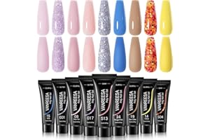 VANREESA Poly Nail Gel Kit 9 Pcs Poly Nail Gel Colors Purple Pink Blue Red Yellow Brown Glitter Poly Nail Gel Poly Extension Gel Nail Kit Gifts for Women DIY at Home