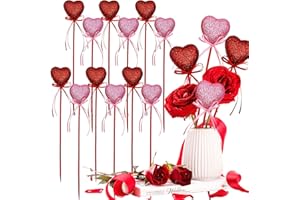 BASEMMAHER 12Pcs Valentine's Day Glitter Red Pink Puffy Heart Picks Foam Heart Picks Sparkly Sticks for Wedding Flower Arrangements Floral Bouquet Home Holiday Party Crafts Supplies Decorations