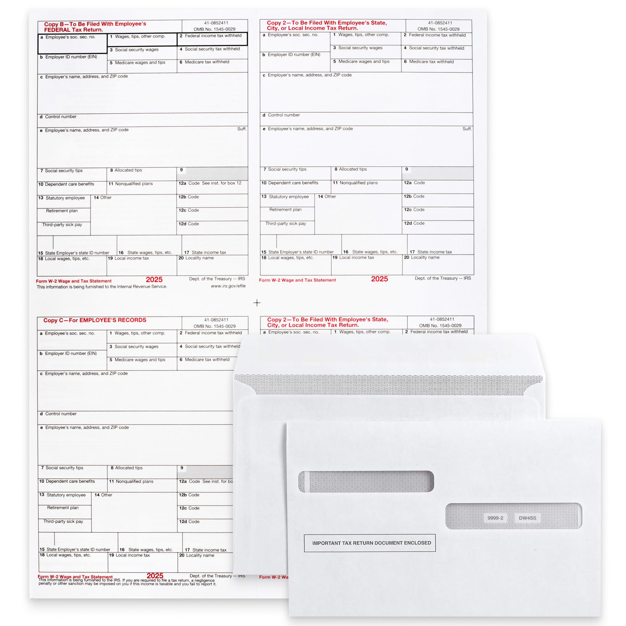 Photo 1 of 2025 Pre-Printed W2 4-Up Laser Tax Forms Set with Double-Window Envelopes, for 25 Employees