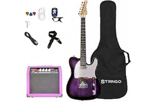 STRINGO Purple Electric Guitar Beginner Kit Full Size 39 Inch Set Tele Style Guitar, 20W Amplifier 3 Picks, Shoulder Strap, Tuner, Bag Case
