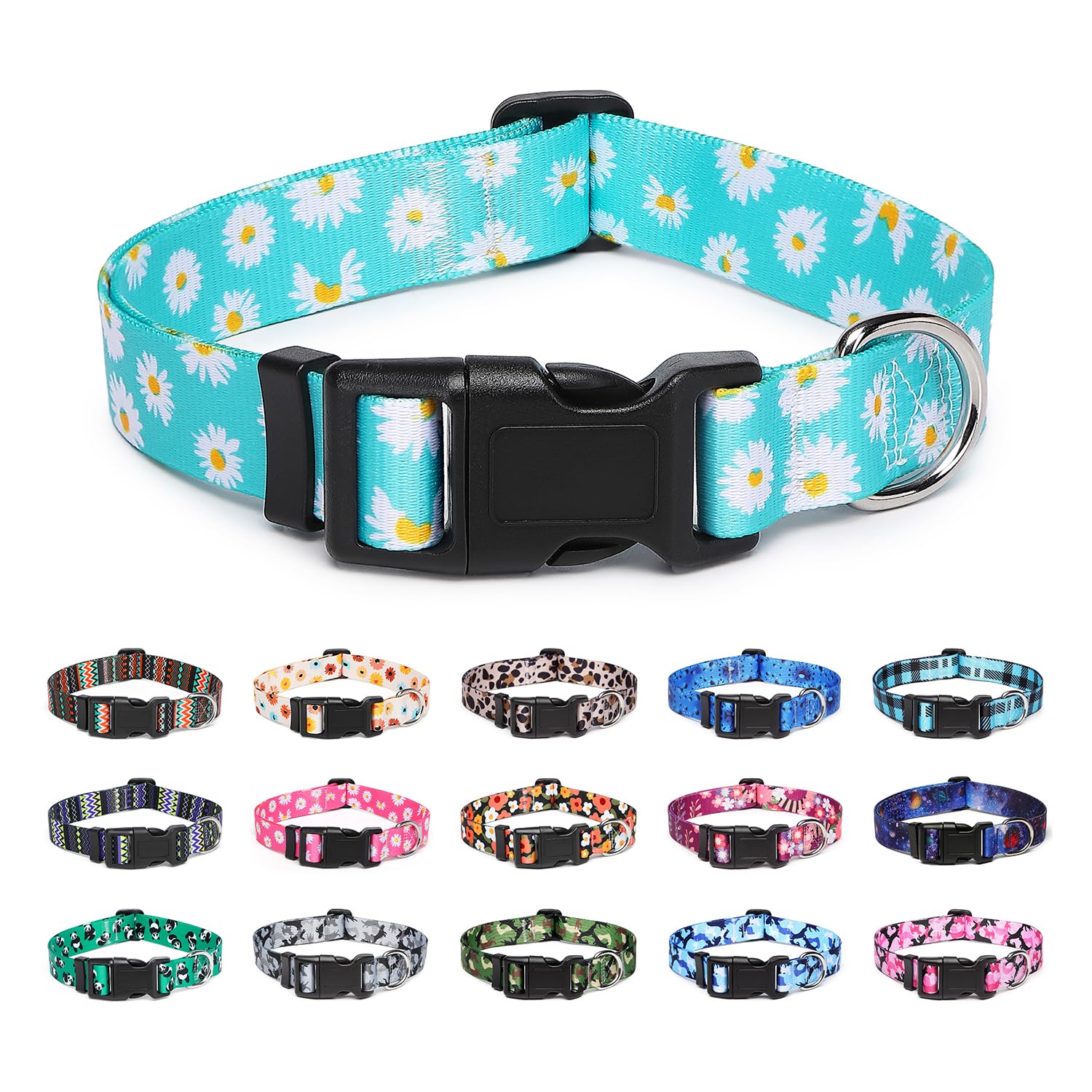 Suredoo Adjustable Dog Collar with Patterns, Ultra Comfy Soft Nylon Breathable Pet Collar for Small Medium Large Dogs (M, Blue Daisy) — image 1