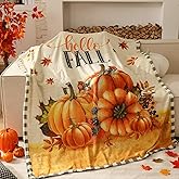 Breling Thanksgiving Fall Throw Flannel Blanket Pumpkin Cozy Fuzzy Warm Throw Blanket Hello Fall Themed Print Hello Autumn Decorations for Home Winter Couch Sofa Bed Home Decor 60"x50"