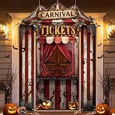 Lecheme Halloween Carnival Decorations 4Pcs Creepy Circus Banner Set | Circus Tickets Booth Banner with Cutout,Halloween Door Decorations,Carnival Party Supplies,Haunted House Photo Booth Props