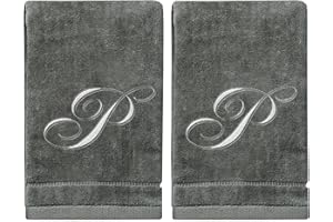 CREATIVE SCENTS Monogrammed Towels Fingertip, Personalized Gift, 11 x 18 Inches - Set of 2- Silver Embroidered Towel - Extra Absorbent 100% Cotton- Soft Velour Finish - For Bathroom/ Kitchen/ Spa- Initial P (Gray)