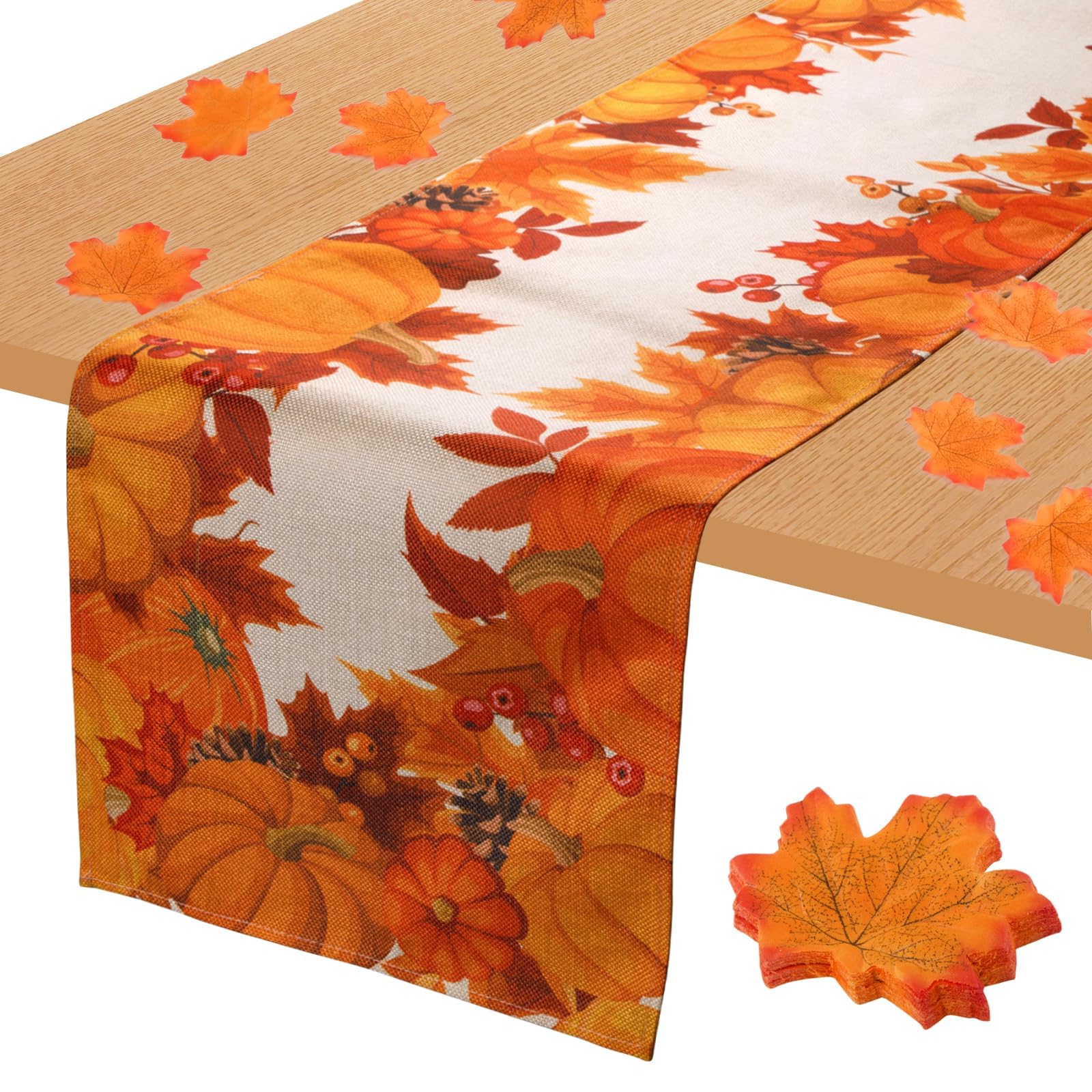 Autumn Table Runner Pumpkin Maple Leaf 12×70 Inches Linen Table Runner with 50 Pcs Artificial Maple Leaves Autumn Table Decorations