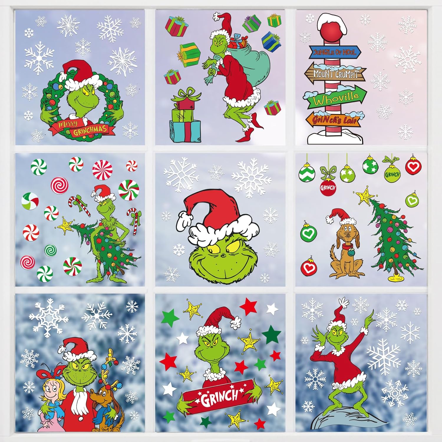 Window Treatments - 9Sheets Grinchs Window Clings,Reusable Christmas Window Decals Stickers, Whoville Holiday Window Clings for Glass Windows Xmas Holiday Home Decor