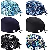 Geyoga 6 Pcs Bouffant Scrub Caps Working Surgical Cap Nurse Hats with Buttons and Sweatband Adjustable Tie Back Hat Women Men