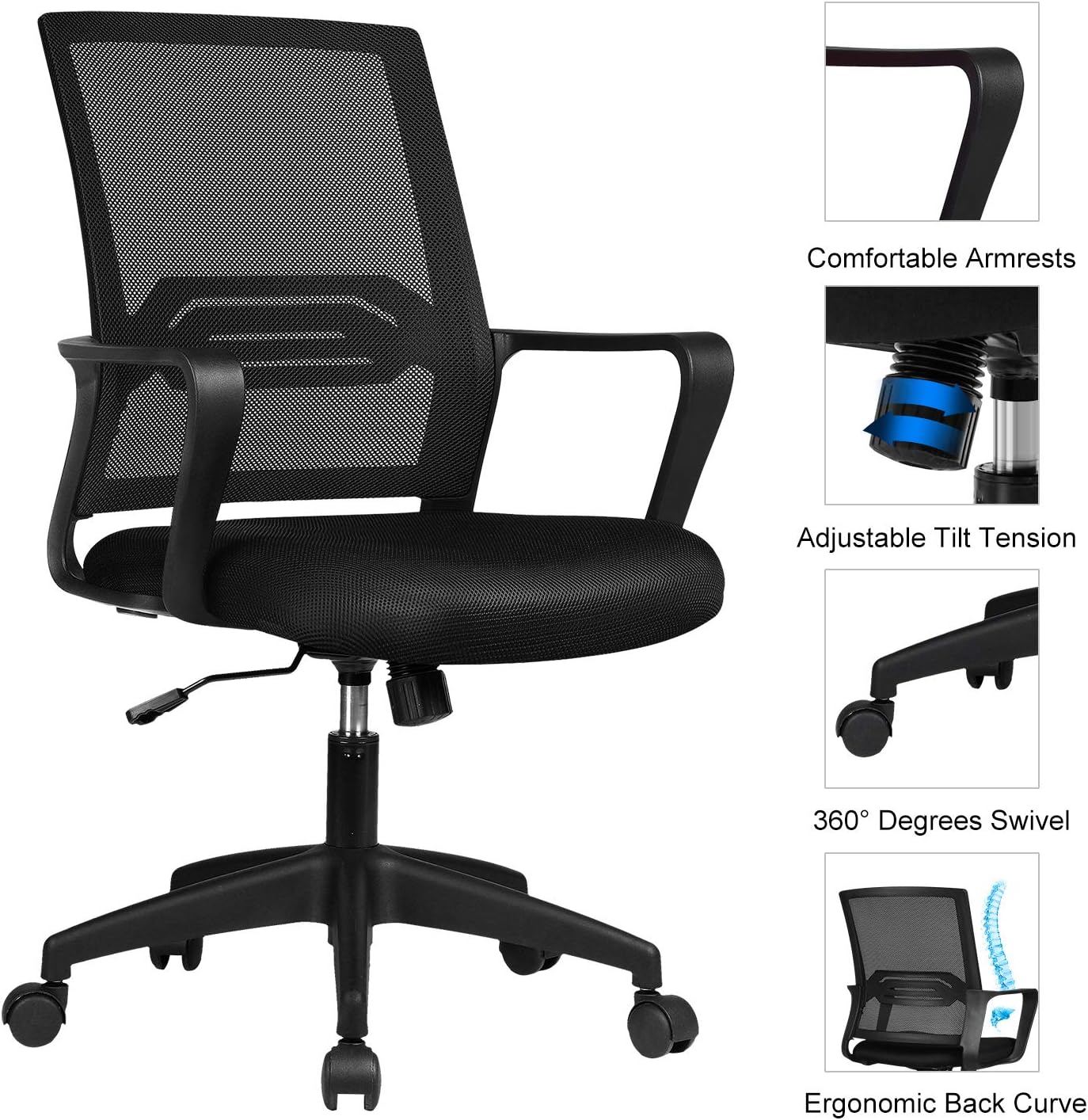 ComHoma Office Chair Ergonomic Desk Chair Mesh Computer Chair Mid Back Mesh Home Office Swivel Chair, Modern Executive Chair with Armrests Lumbar Support(Black),: Kitchen & Dining