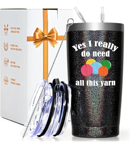Panvola Tazza Termica 20 Oz Per Uncinetto E Maglia – 'Yes I Really Do Need All These Yarn' In Acciaio Inox, Isolata, Con Cannuccia, Nera Con Paillettes - 3