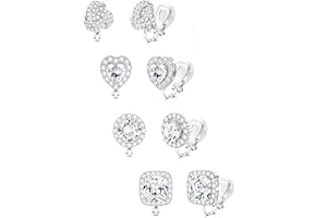 BESTEEL Clip on Earrings Women - Hypoallergenic Non Pierced Earrings Small Cubic Zirconia Flower Heart Square Twist Knot Fake Earrings Set Wedding Dance Gift
