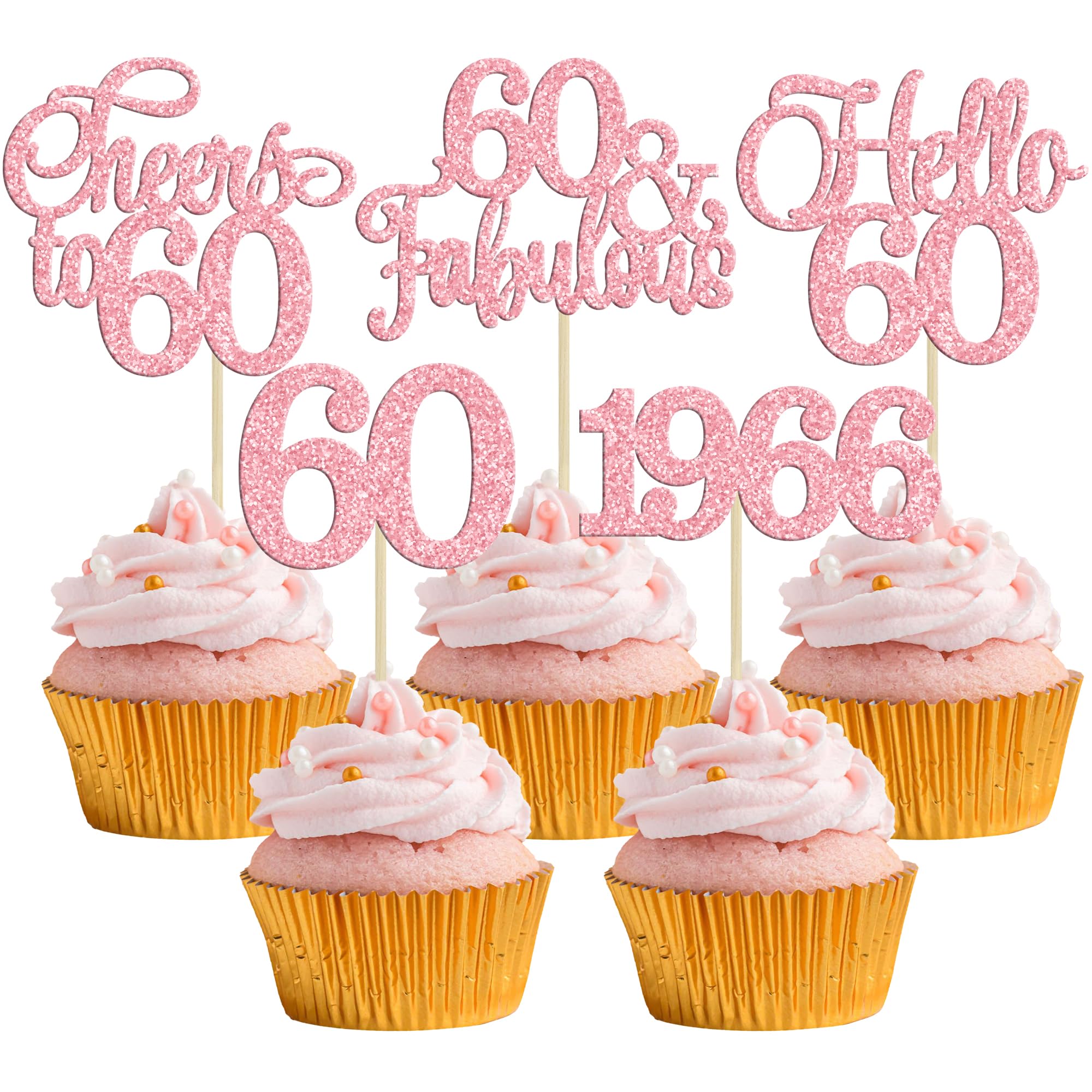 Gyufise 30Pcs 60th Birthday Cupcake Toppers 60 Fabulous Cupcake Picks Cheers to 60 1966 Cake Decorations for Happy 60th Birthday Wedding Anniversary Party Decoration Supplies Pink