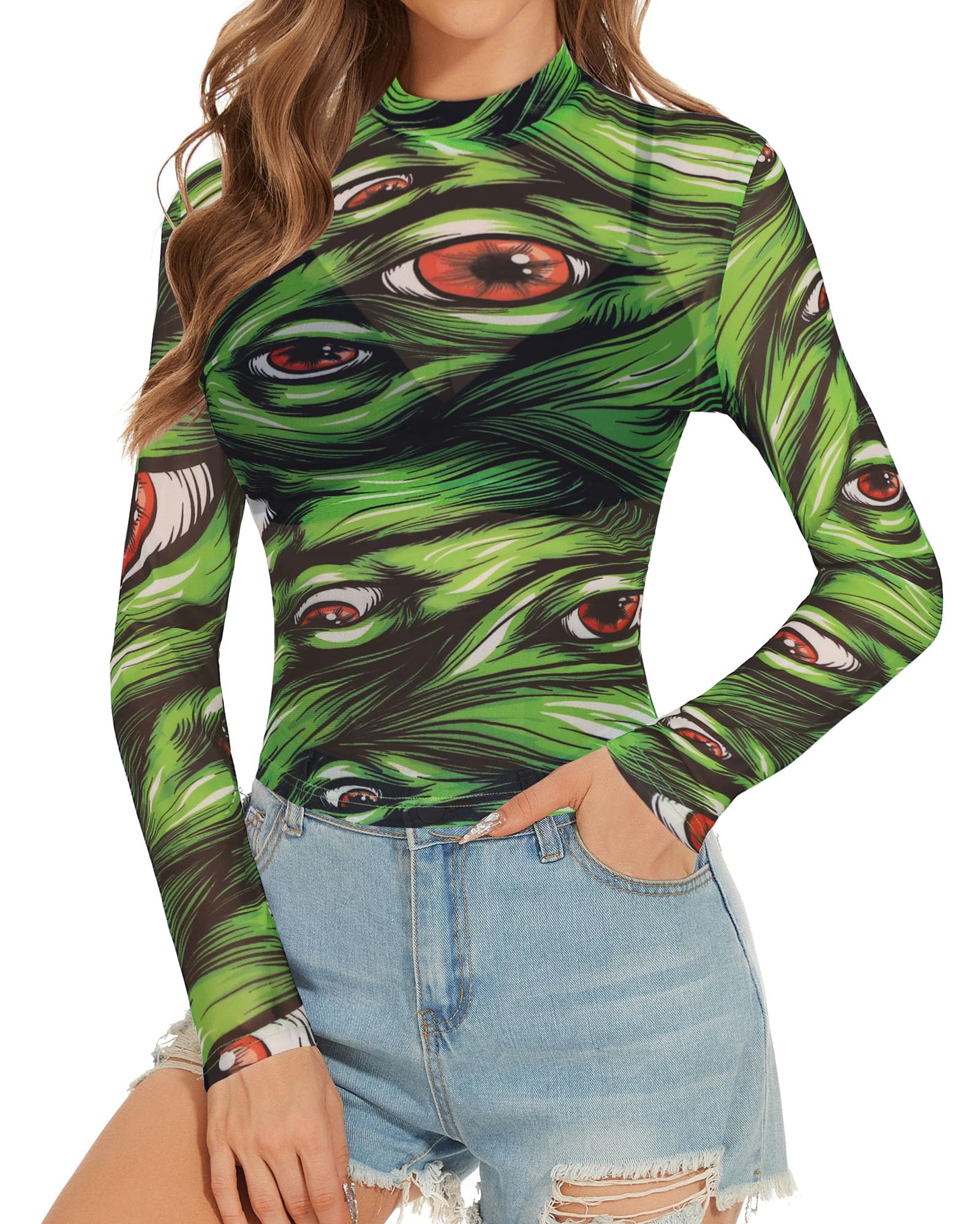 Womens Sheer Mesh Top Long Sleeve Shirt Mock Neck