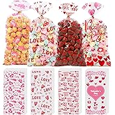 ONFAON Valentines Goodie Bags, 180pcs Valentines Candy Bags with 200pcs Twists for Snacks Cookies Candy Packing, Valentine Cellophane Treat Bags for Classroom Parties, Coworkers, Kids
