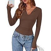 BTFBM Long Sleeve Shirts for Women 2025 Fall Fashion V Neck Knit Ruched Slim Fit Casual Basic Tees Going Out Tops Y2k