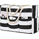 Becokan Beach Bags for Women Canvas Large Beach Tote Bag Zipper Waterproof Sandproof Foldable Swim Pool Bag with 7 Pockets