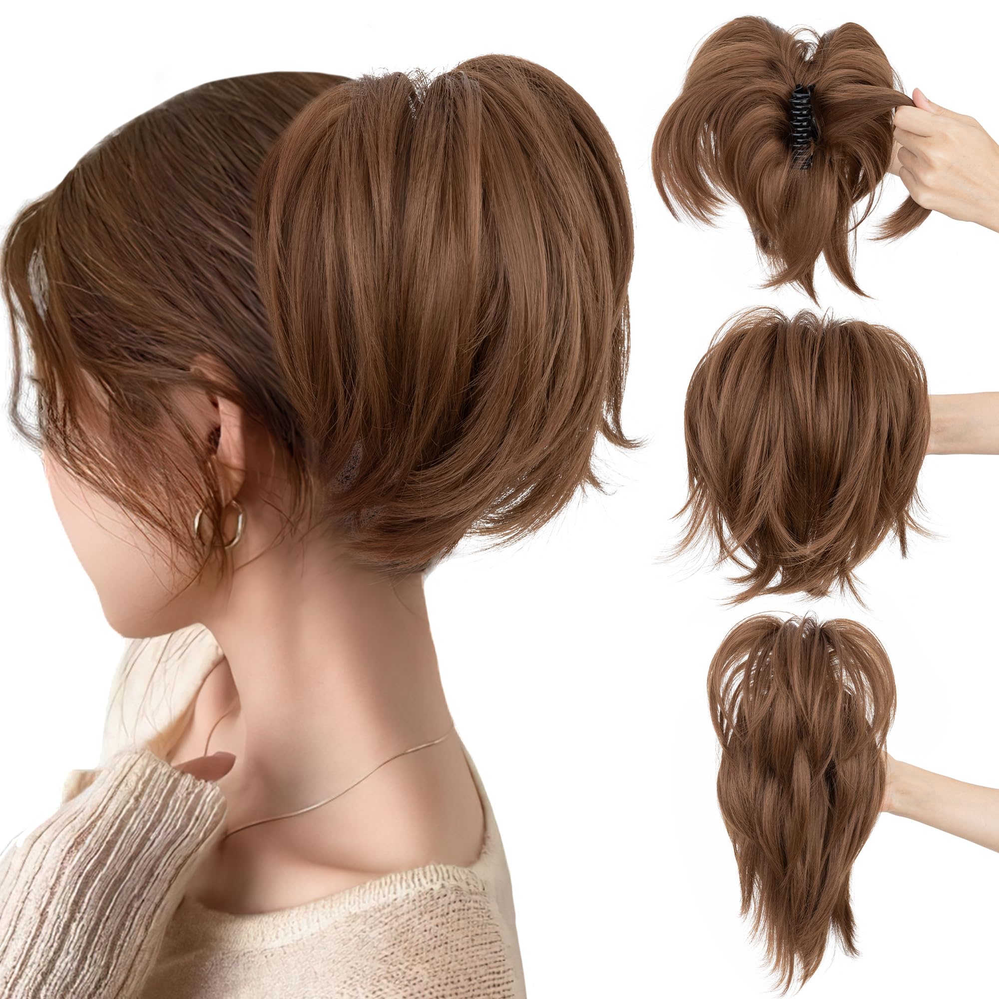 SEGO Messy Bendable Claw on Ponytail Hairpiece Synthetic Fluffy Hair Extension Clip in Jaw with 4 Bendable Metals, Light Brown