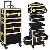 Somduy Rolling Makeup Case with Drawer, Makeup Train Case, 4 in 1Cosmetology Case on Wheels, Christmas Gift, Large Makeup Organizers, Profesional Cosmetic Case for Salon Barber, Pattern Black Gold