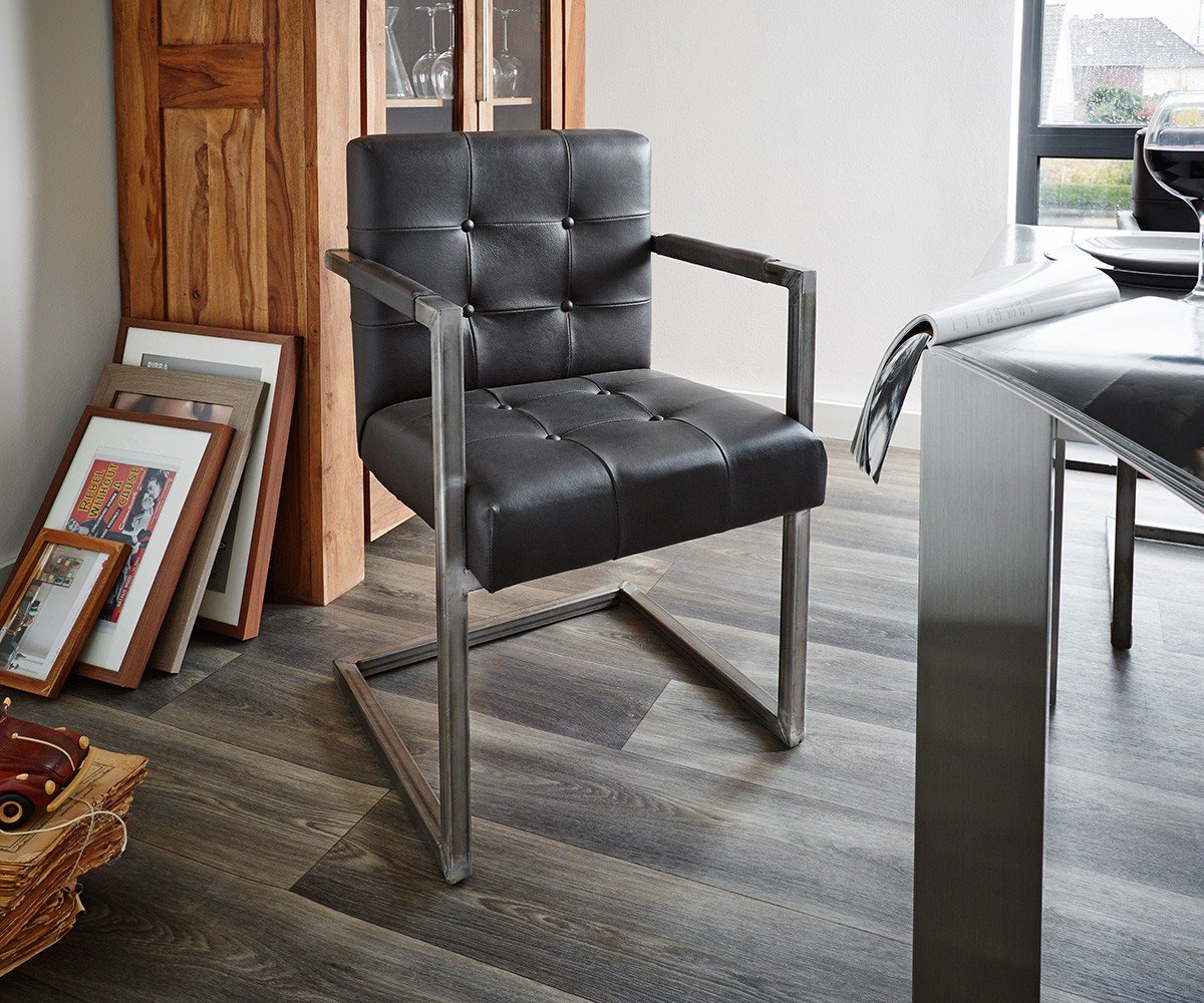 Cantilever Chair with Armrests Real Leather Black Dining Chair Onon