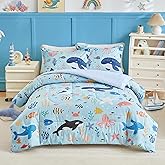 Joyreap 3pcs Cotton Twin Size Comforter Set for Kids, World of The Sea Theme Blue Design, Soft n Cozy Bedding Comforter for All Season- 68x88 inches