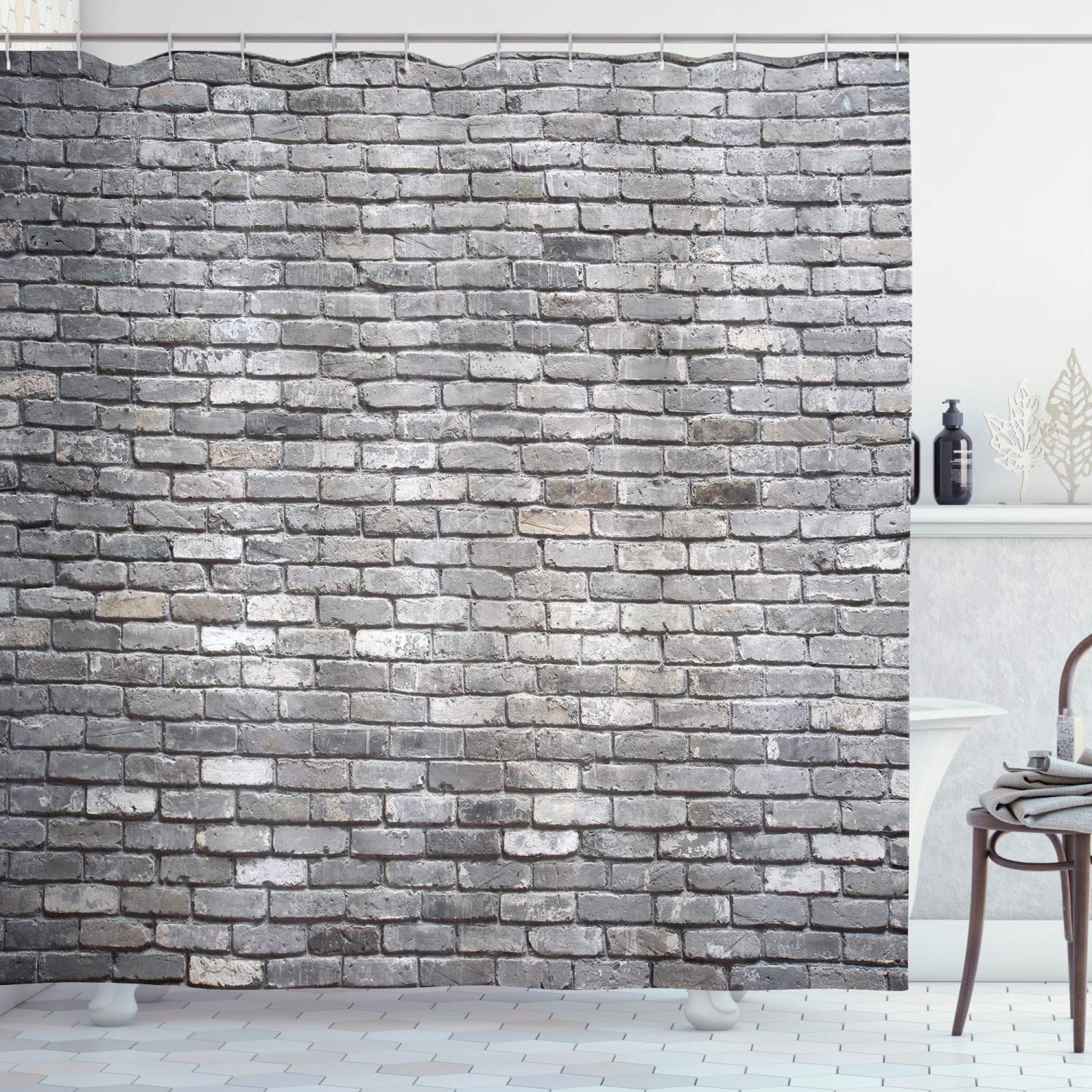 ABAKUHAUS Grey Shower Curtain, Image of an Aged Old and Rough Brick Wall Obsolete Concrete Structure with Ragged Surface, Cloth Fabric Bathroom Decor Set with Hooks, 70 Inches, Grey — image 1