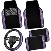 CAR PASS Bling Diamond Leather Steering Wheel Cover 14.5in-15in Floor Mats Shining Rhinestone Carpet Sparkly Glitter Crystal Anti-Slip Pad Fit Automotive SUV Pickup Truck Girl Women, 5pcs Black Purple
