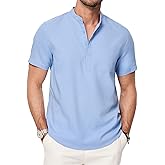 JMIERR Mens Short Sleeve Linen Henley Shirts Casual Button Down Shirt Summer Beach Wear with Pocket