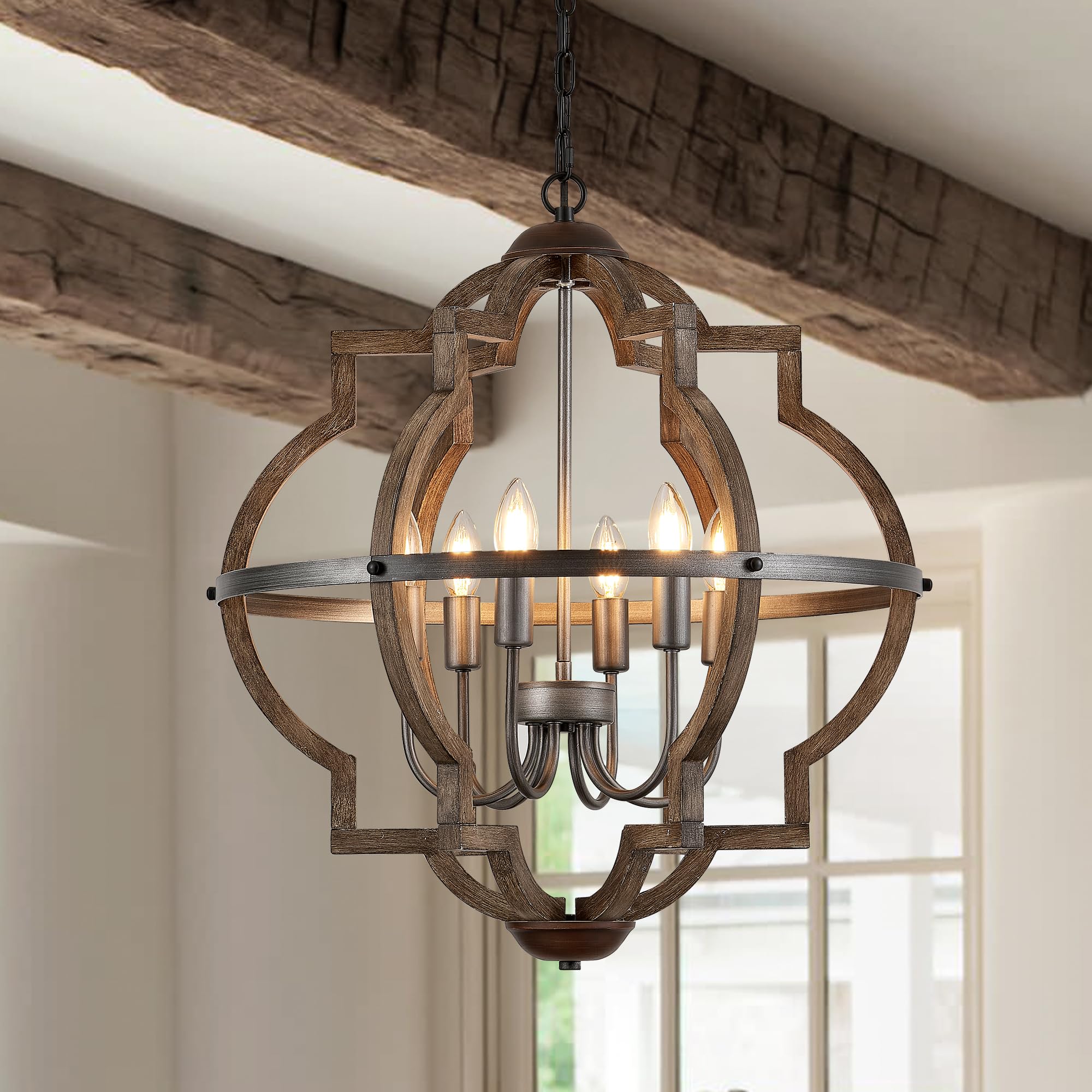Photo 1 of TACDANDM 6-Light Wood Farmhouse Chandelier for Dining Room 23'' Vintage Rustic Pendant Light Fixtures Lighting for Hallway Entryway Foyer Kitchen Living Room