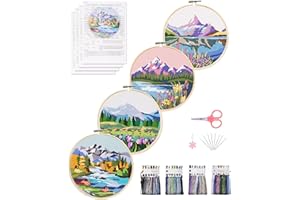Santune 4 Pack Embroidery Kit for Beginners with Instructions,Cross Stitch Kits for Adults with Snowy Mountain Pattern,Needlepoint Kits Include 2 Hoops,Color Threads and Needles