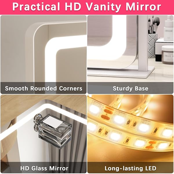 ROLOVE 22X17 INCH LIGHTED VANITY MIRROR WITH DIMMABLE LED LIGHTS – 3 COLOR MODES, SMART TOUCH CONTROL & 360° ROTATING BASE – DESK MAKEUP MIRROR (WHITE)