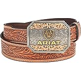 ARIAT Men's Raised Logo Floral Embossed Tapered Leather Belt