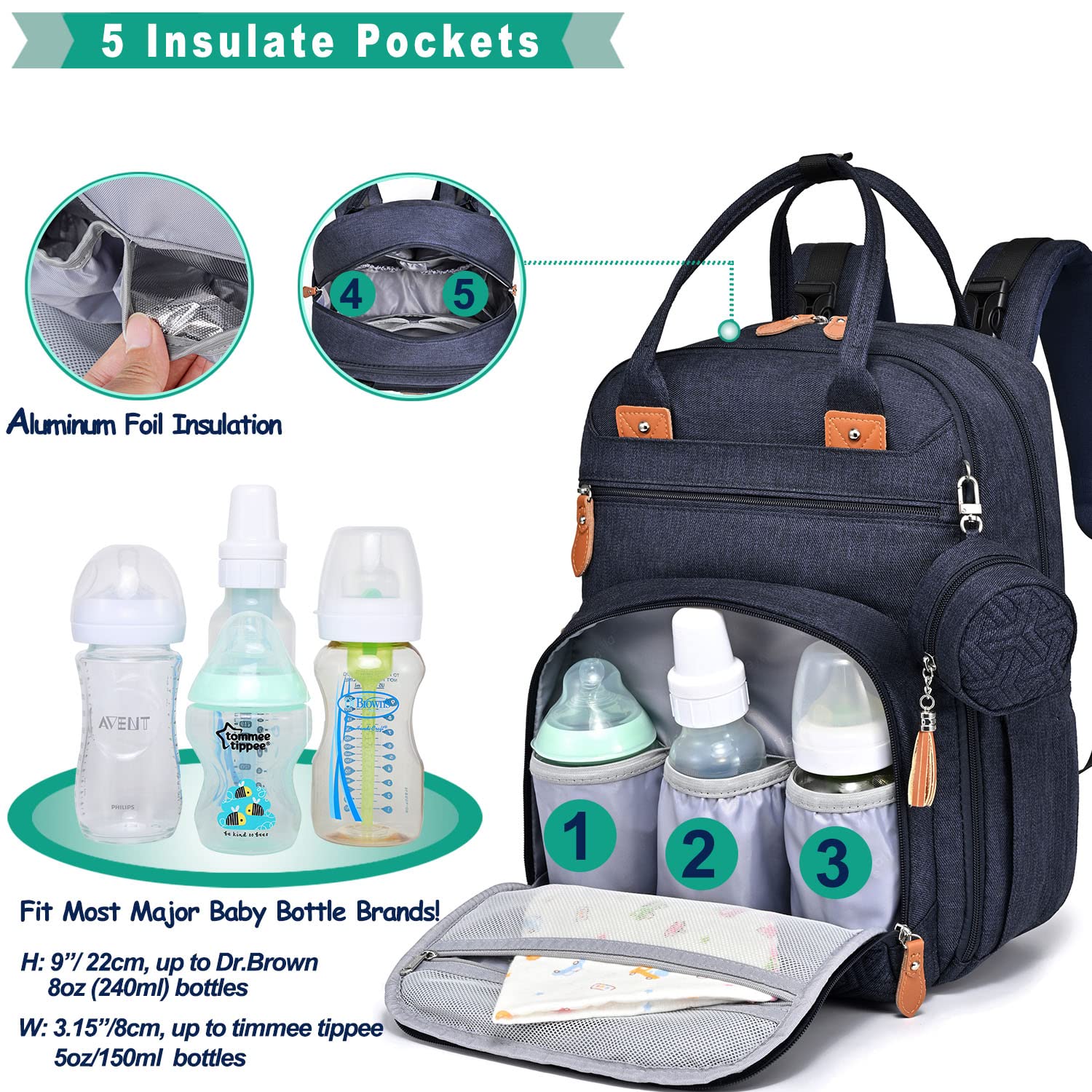 Diaper Bag Backpack, Unisex Baby Bags with Changing pad, Insulated Pockets & Pacifier Holder for Boys Girls, WELAVILA Large Multifunction Travel Back Pack for Mom & Dad, Navy Blue