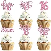 10 Pcs Happy 16th Birthday Cupcake Toppers - Rose Gold Glitter Sweet 16 Birthday Cupcake Picks for Sixteen Birthday Anniversary Party Cupcake Decoration Supplies