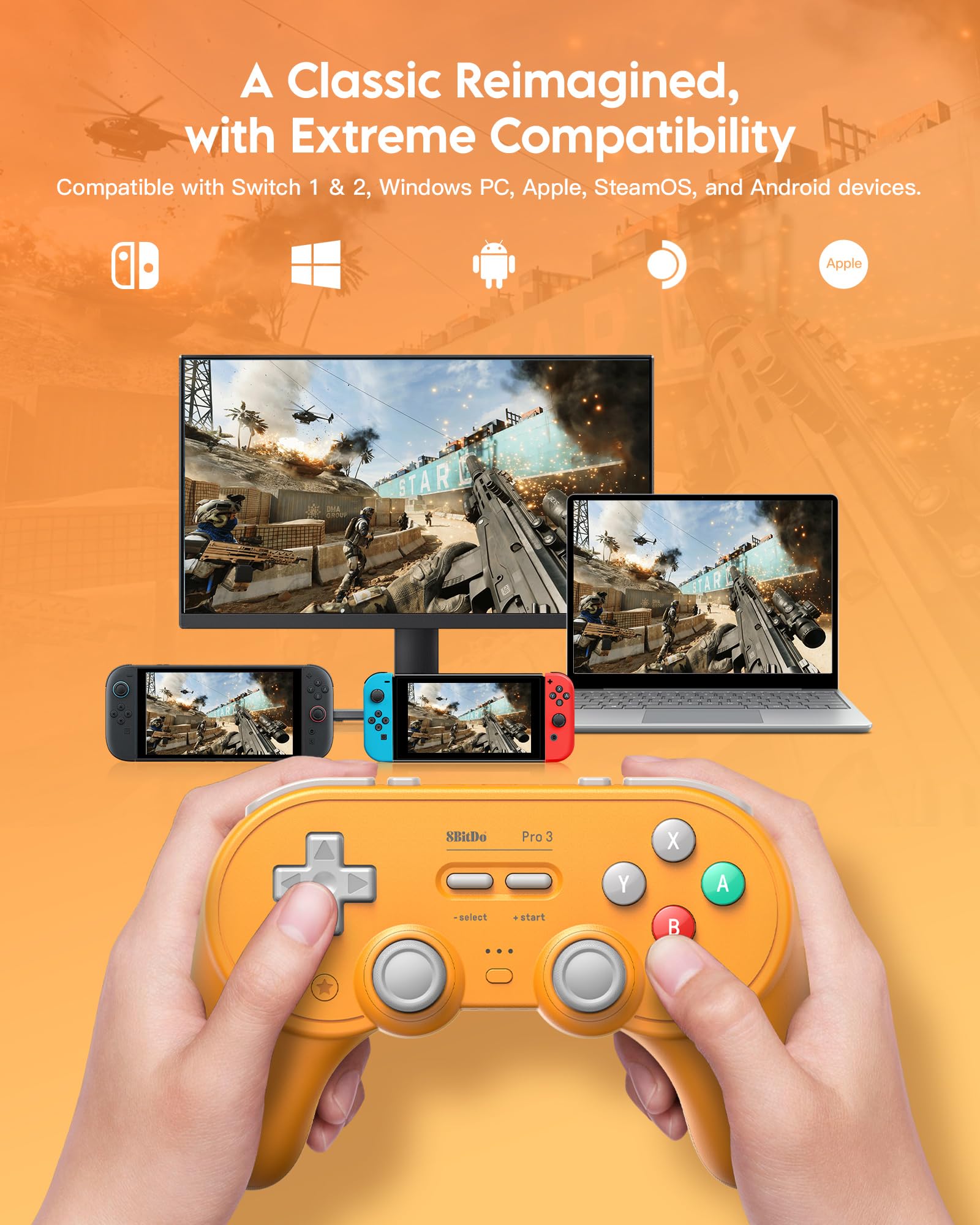 8Bitdo Pro 3 Bluetooth Controller for Switch/Switch 2 - TMR Joysticks, Swappable ABXY Buttons, Pro Back Buttons, Charging Dock, Hall Effect Triggers, Windows/Apple/Android（Yellow）