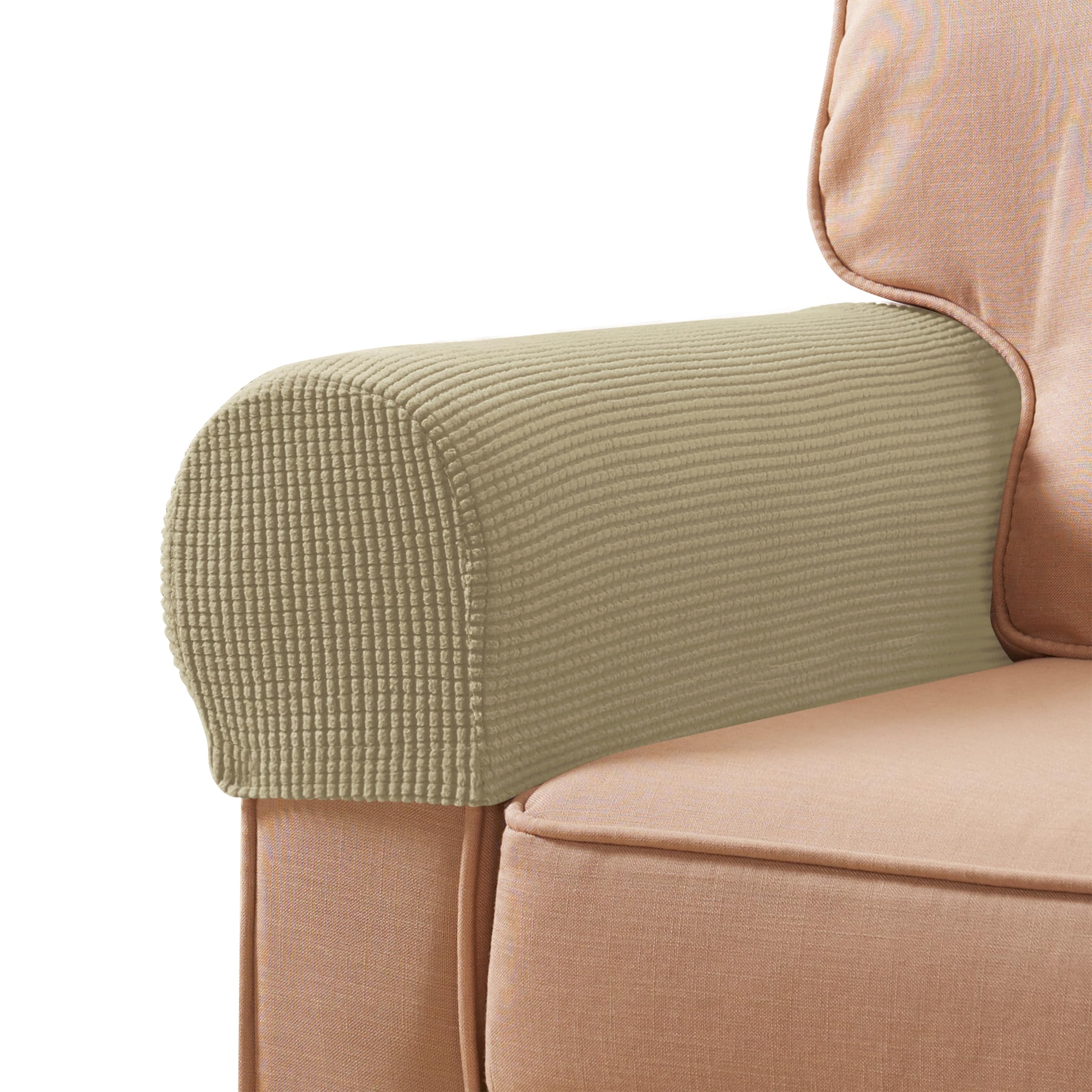 Photo 1 of SUBRTEX Stretch Couch Arm Covers Set of 2, Checkered Sofa Arm Slipcovers, Anti-Slip Armrest Covers for Recliner and Armchairs, Pet Proof, High Stretchy, Hook & Loop Tape, Sand Yellow