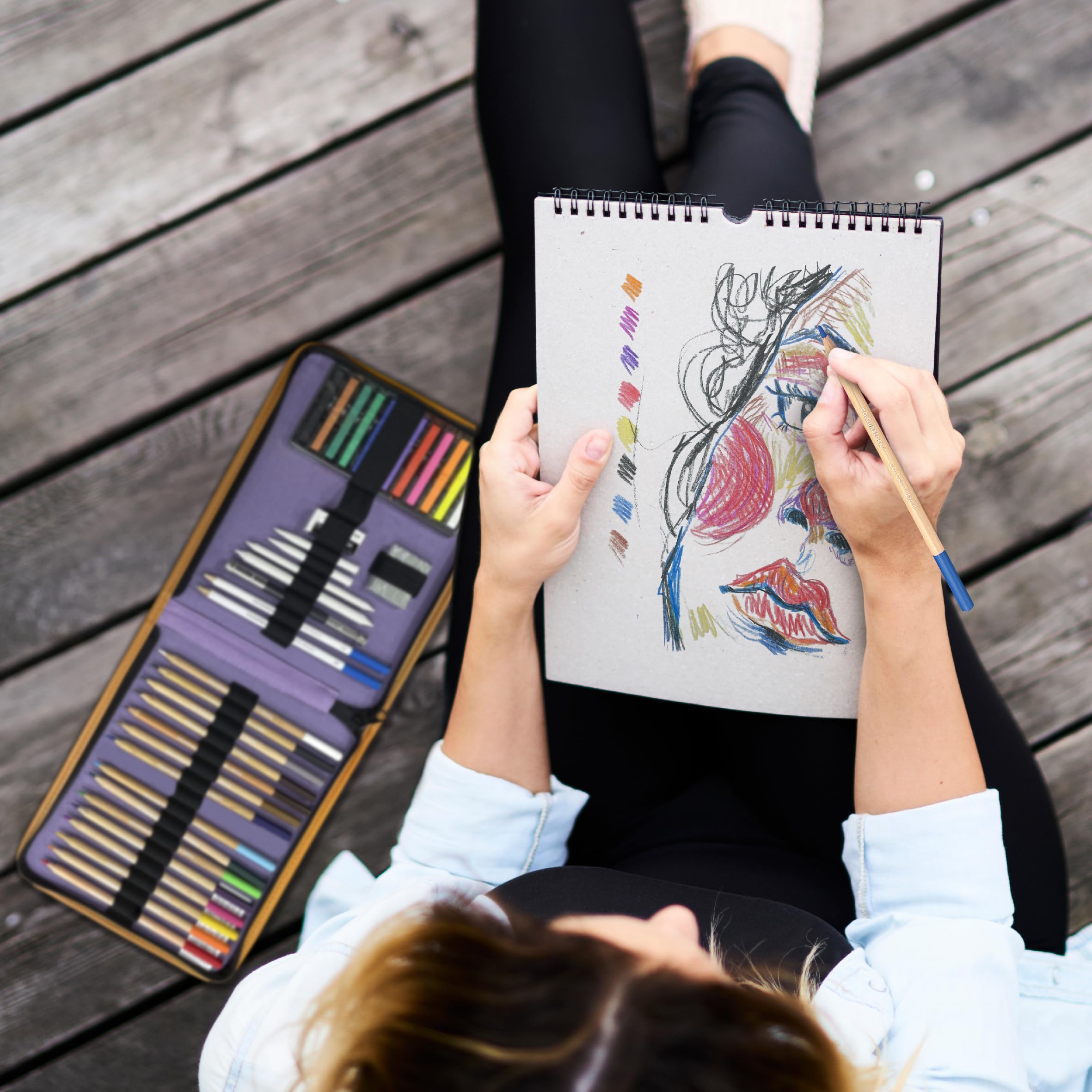 COLOUR BLOCK 40 Piece Drawing Travel Art Set in a Canvas Zippered Case, with 16 Colored Pencils, 12 Soft Pastels, Sketching Pencils, Drawing Pad, and Assorted Tools