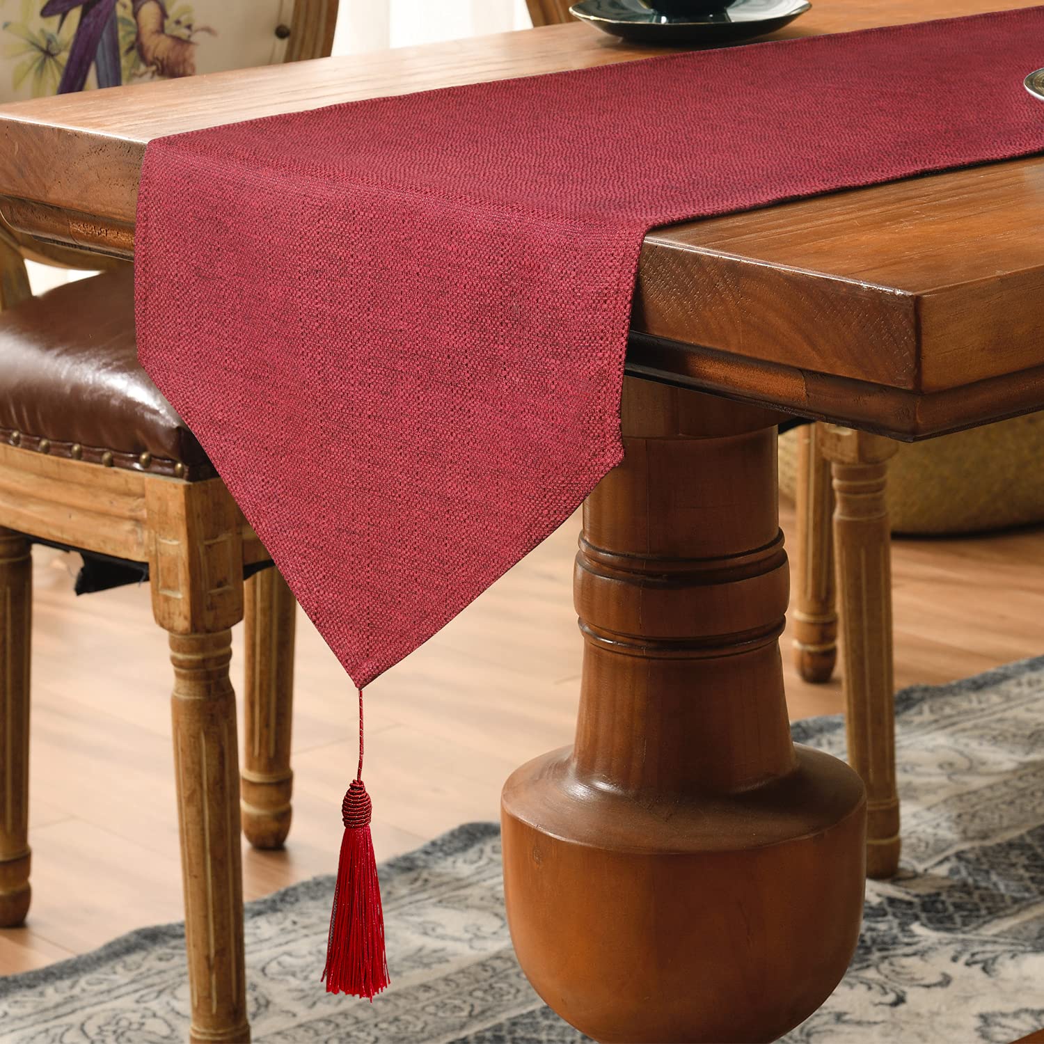 SEASHORE TREE Faux Linen Table Runner Waterproof Kitchen Table Runners Dresser Scarf With Tassel for Wedding Party Holiday Dining Decor (Ruby Red 35×240 cm)