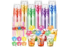 Qinyoung 240 Pcs Hibiscus Plastic Cups and 240 Pcs Umbrellas Flower Straws 12oz Clear Disposable Cups for Tropical Summer Haw