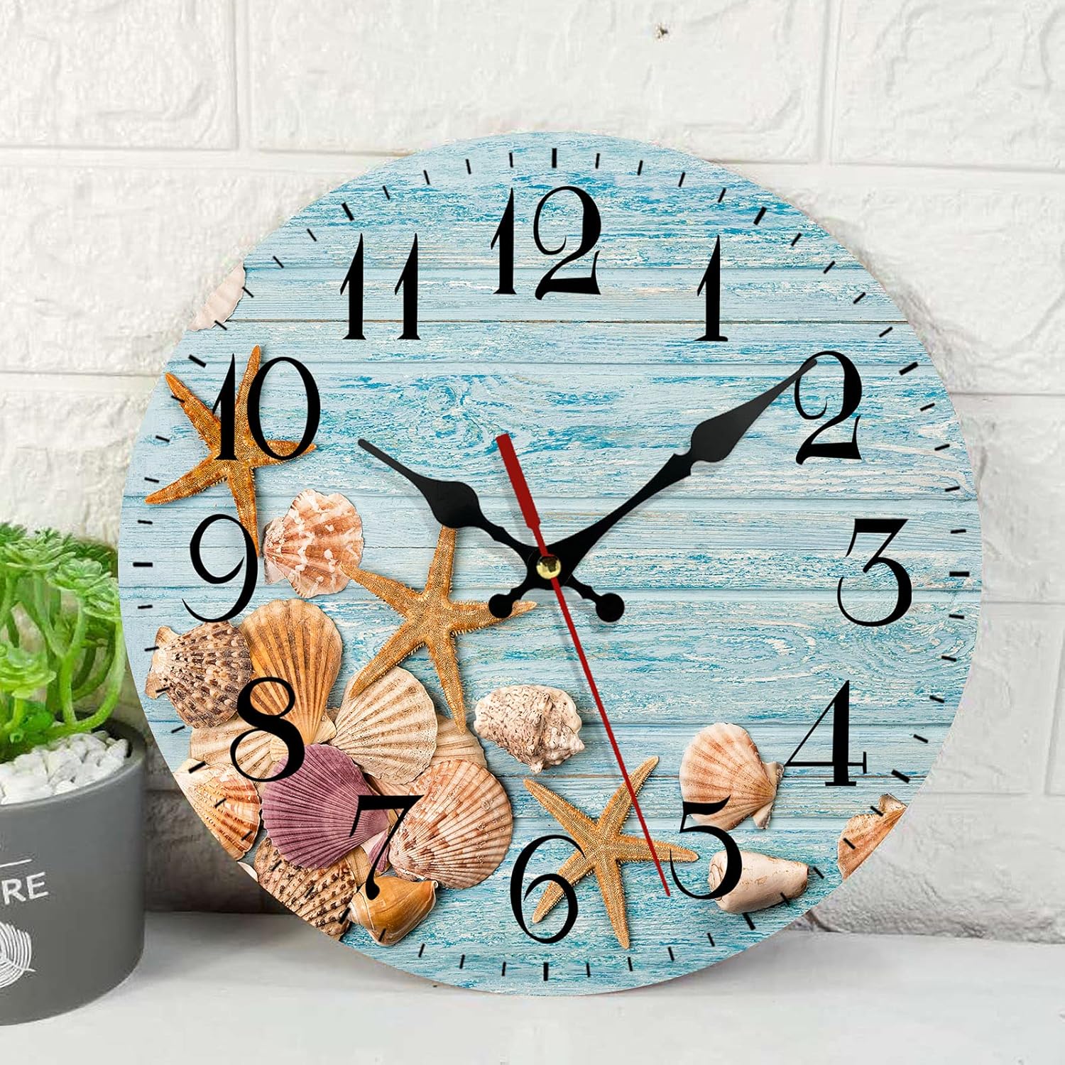 Wooden Wall Clock Silent Non-Ticking ,Starfish Seashells Blue Wooden Vintage Round Wall Clocks Decor for Home Kitchen Living Room Office, Battery Operated(12 Inch)