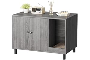 WARCAT Cat Litter Box Enclosure, Modern Hidden Litter Box Enclosure Furniture, Hidden Washroom with Scratch Pad, Barn Door Design, Indoor Cat House & End Table (Grey)