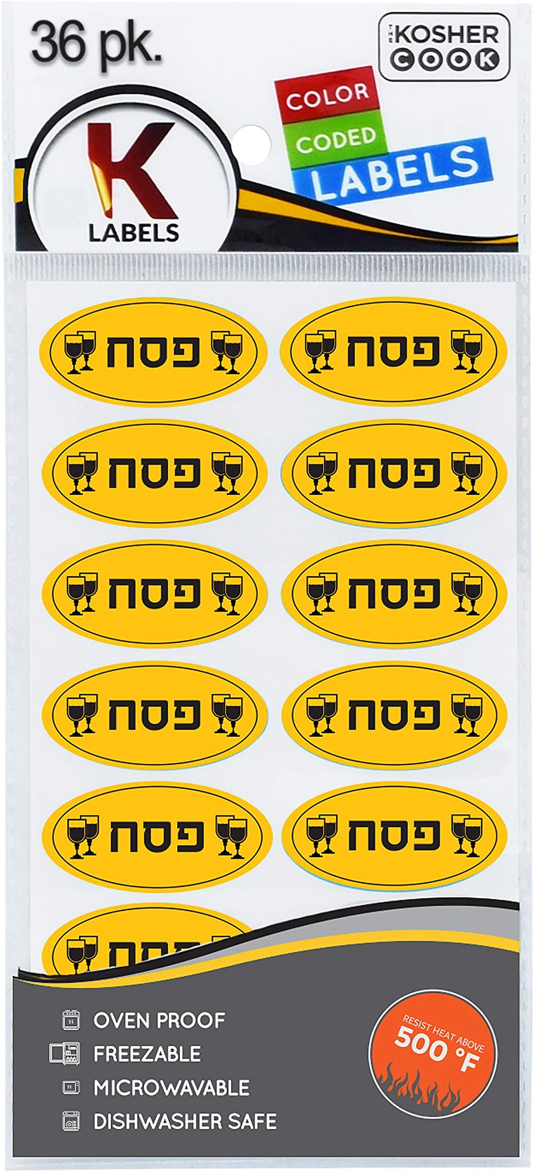 Passover Labels Hebrew - 36 Pack - Oven Proof, Freezable, Microwaveable and Dishwasher Safe Stickers - Pesach Seder and Kitchen Accessories by The Kosher Cook