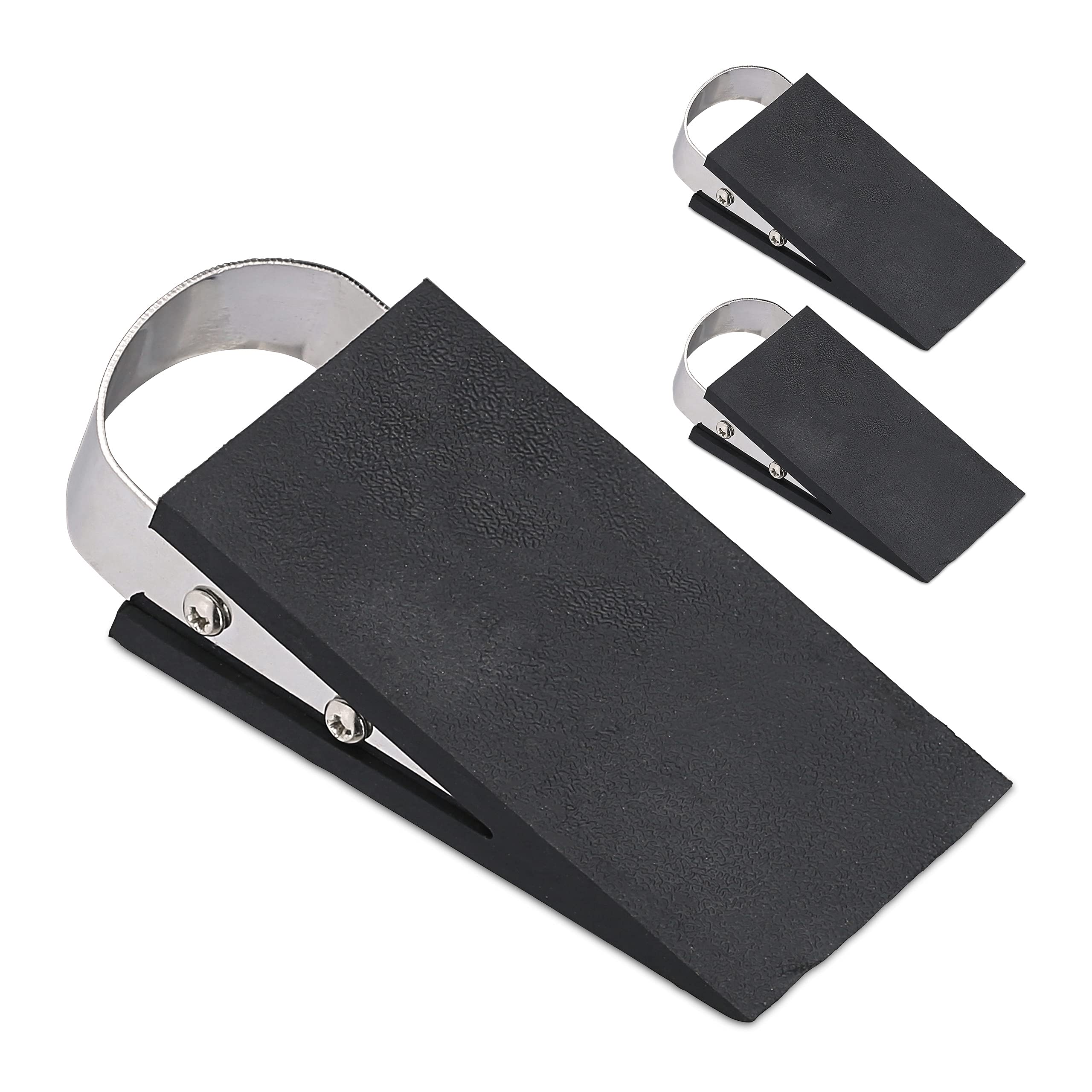 Relaxdays Door Wedge, Set of 3, Doorstop for Floor, Non-Slip, H x W x D: 2 x 4 x 9.5 cm, Metal, Plastic, Black/Silver