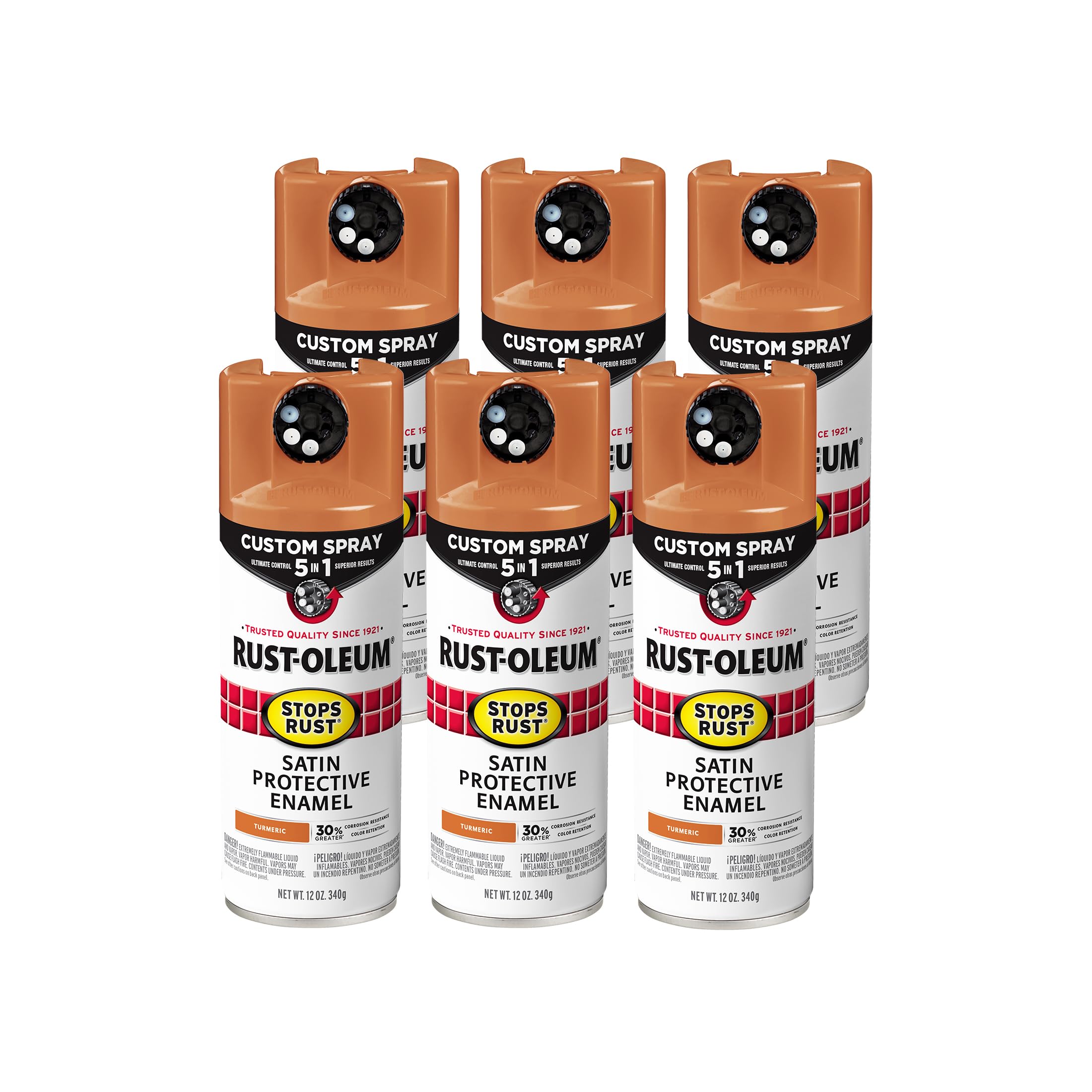 Rust-Oleum 393368-6PK Stops Rust Custom Spray 5-in-1 Spray Paint, 12 oz, Satin Turmeric, 6 Pack Image
