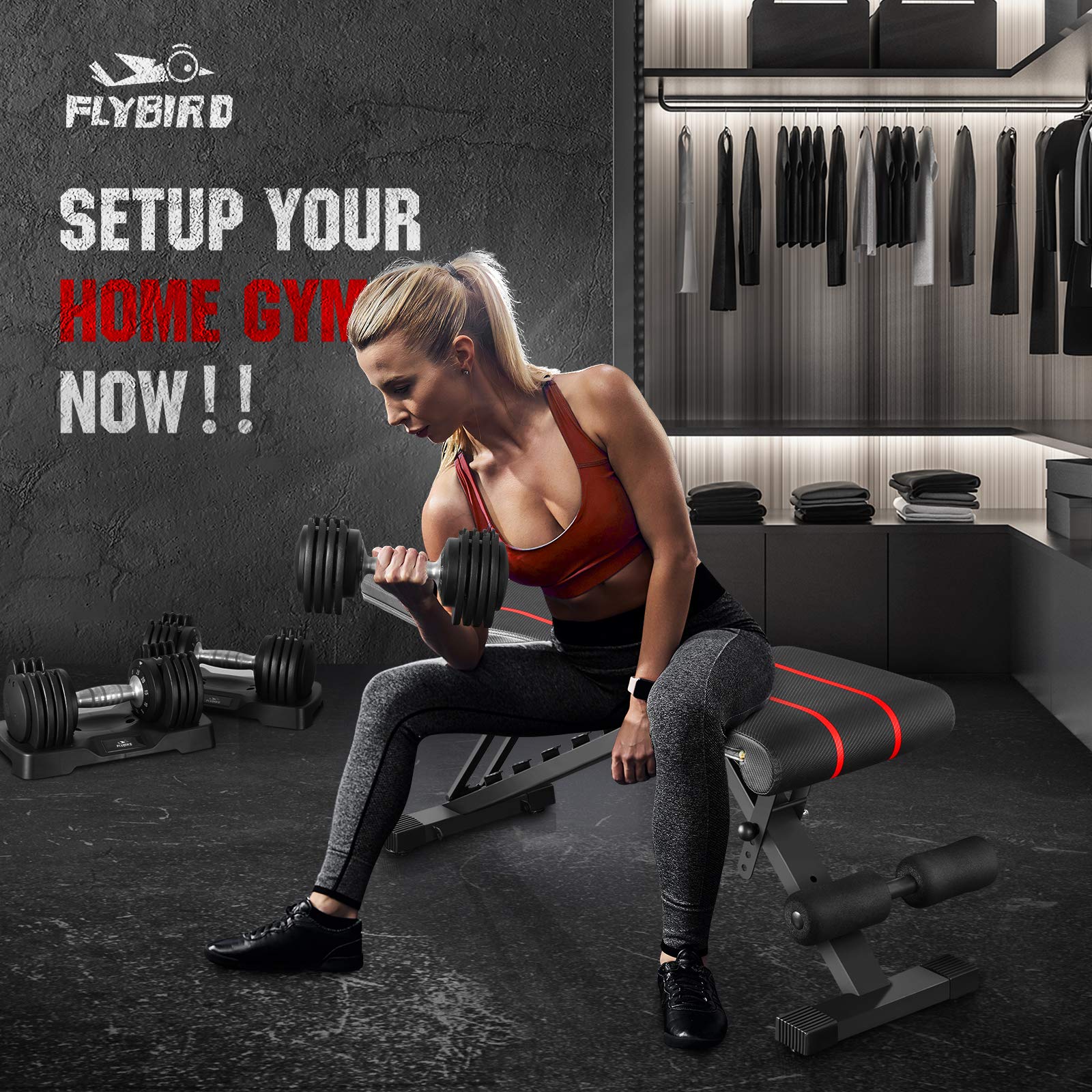 FLYBIRD Full Body Workout - Multipurpose Folding Inch/Decay Black Adjustable Bench Utility Weight Bench Large Black
