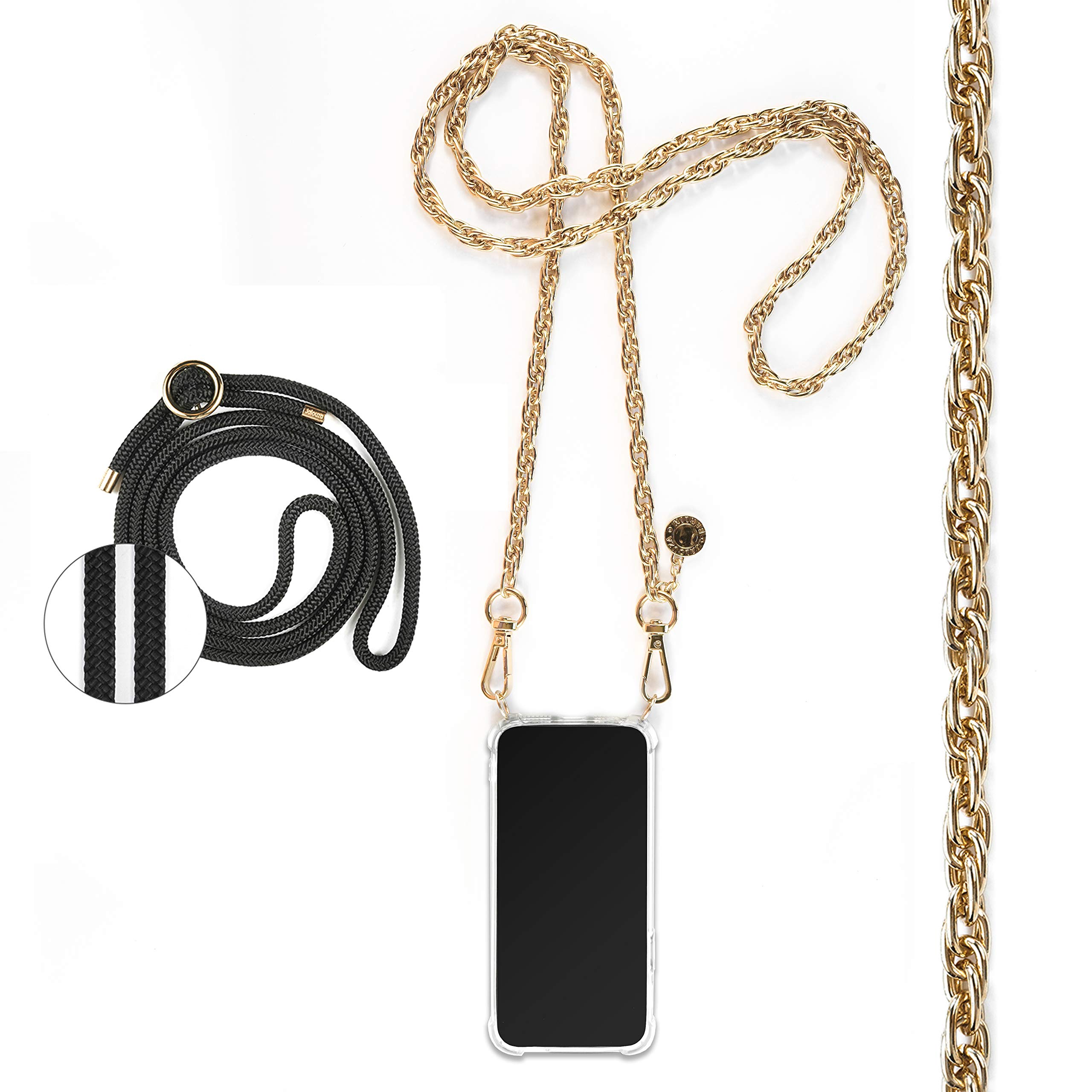 Jalouza Phone Necklace Chain Compatible with Huawei P9 Plus – Set with Golden Spiral Chain, Transparent Case and Black Cord – Crossbody Case for Apple iPhone – Premium Phone Neck Holder