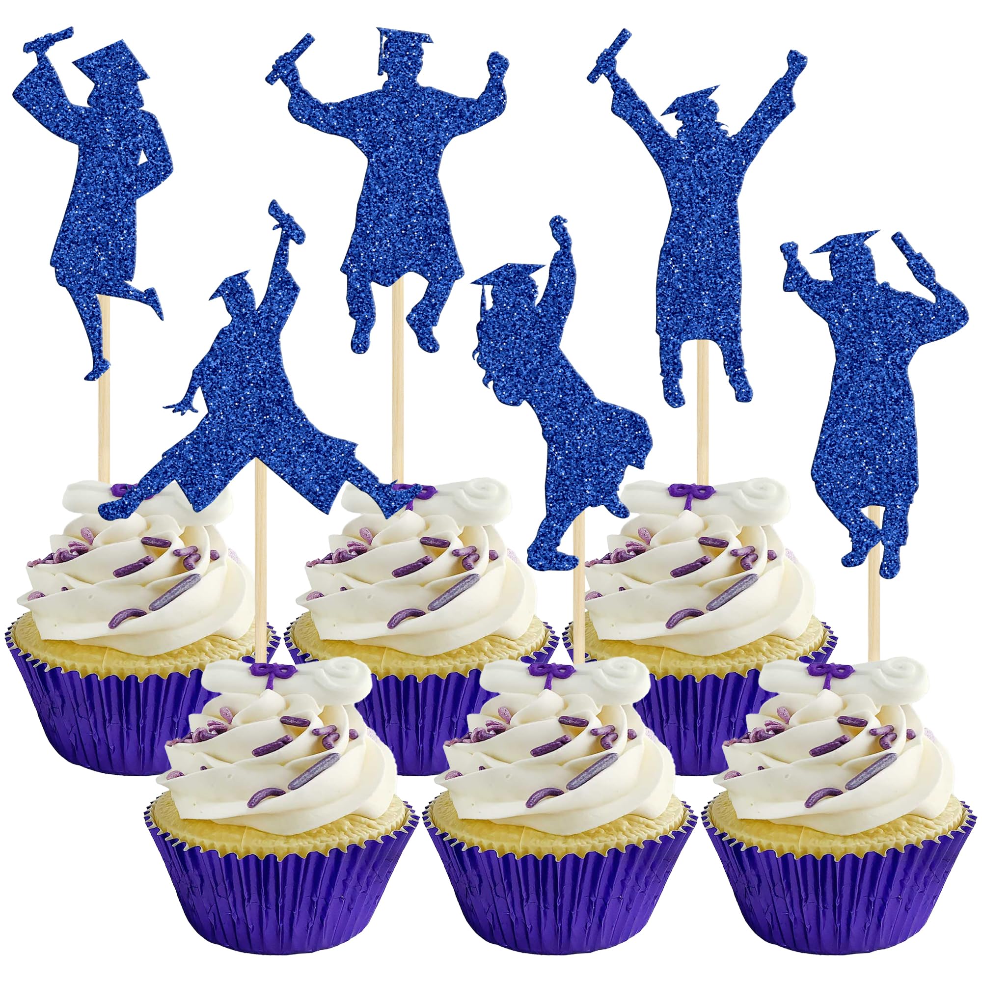 Gyufise 24Pcs 2026 Graduation Cupcake Toppers Blue Glitter Class of 2026 Boys Girls Graduation Cap Cupcake Picks for 2026 Graduation Theme Party Cake Decorations Supplies — image 1