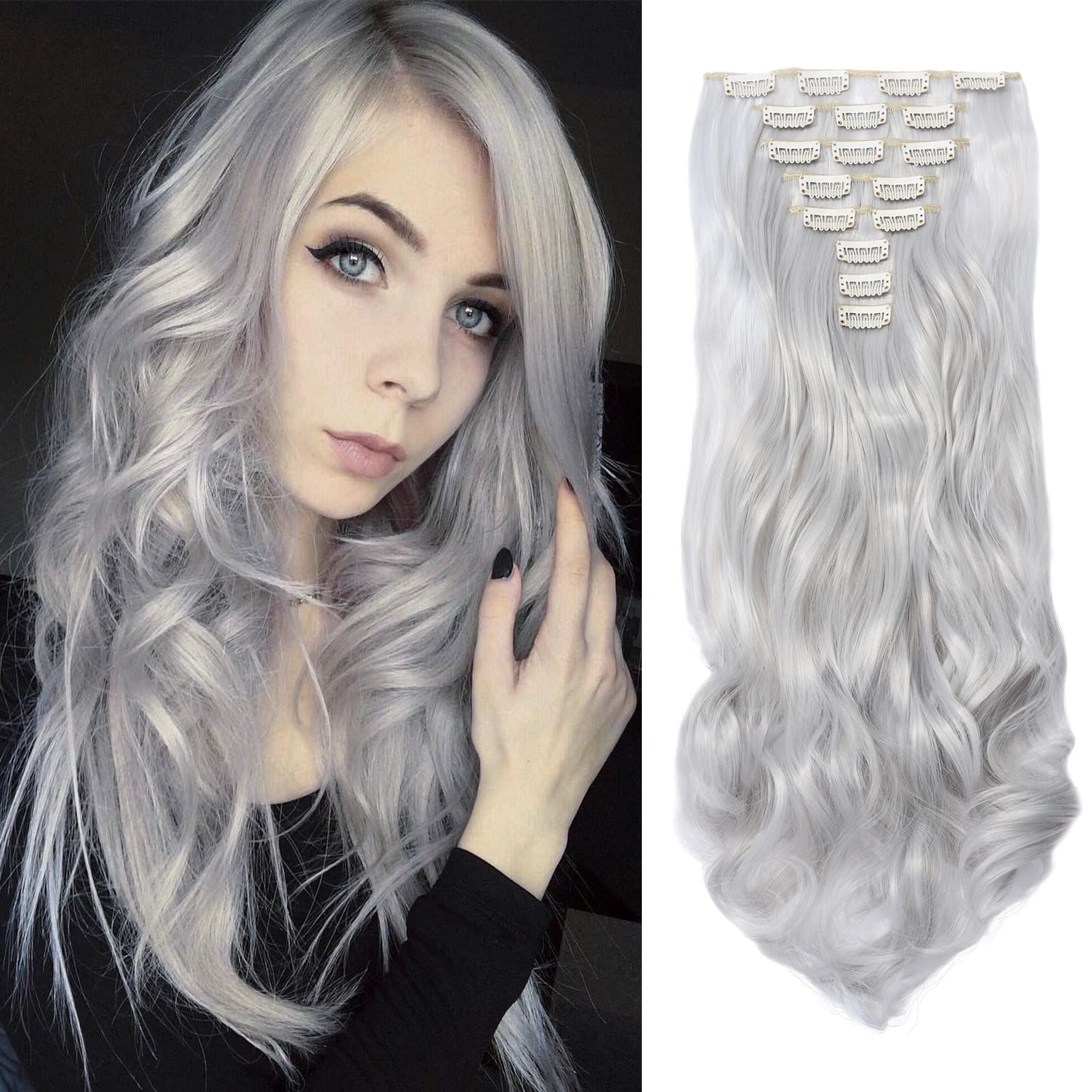 Clip in Hair Extensions Curly Wavy 8 Pieces Clip on Hairpieces Hair Extension Long 8PCS Natural Invisible Full Head for Women (Silver Grey)