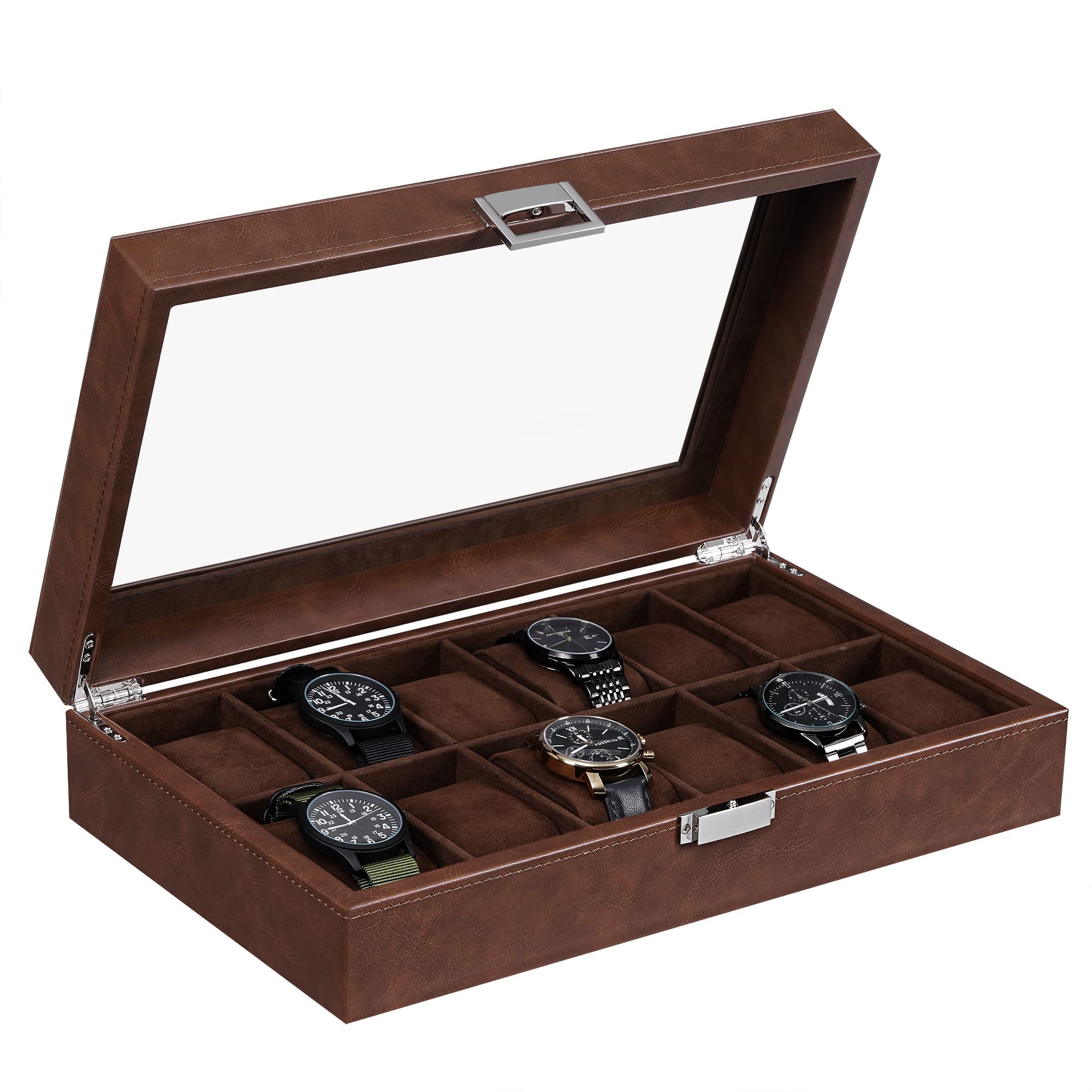 BEWISHOME Watch Case, 12-Slot Watch Box with Large Glass Lid, Watch Case for Men Watch Box Organizer, Mens Jewelry Box Removable Watch Pillows, Synthetic Leather, Brown SSH08Z