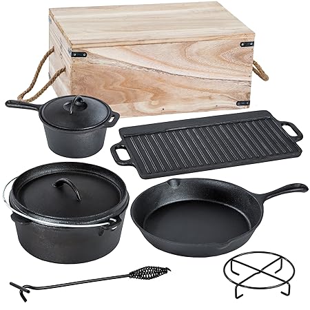 TecTake® 9 teiliges Dutch Oven Kochtopf Set aus Gusseisen in Holzkiste