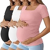Huukeay 3 Pack Women's Maternity Shirt Ribbed Cotton Short Sleeve Maternity Top Square Neck Side Ruched Summer Pregnancy Tees