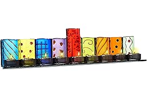 Ner Mitzvah Glass Hanukkah Menorah - XL Tealight Candle Menorah - Handcrafted Colorful Painted Glass